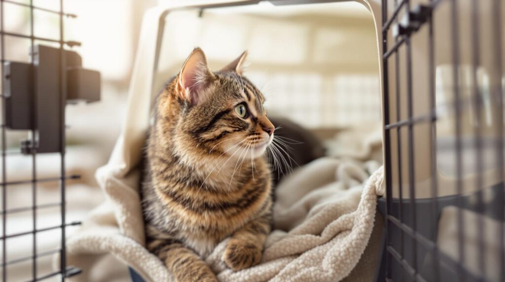 Brown tabby cat sitting safely inside comfortable pet carrier with blanket and toys during moving day protocol