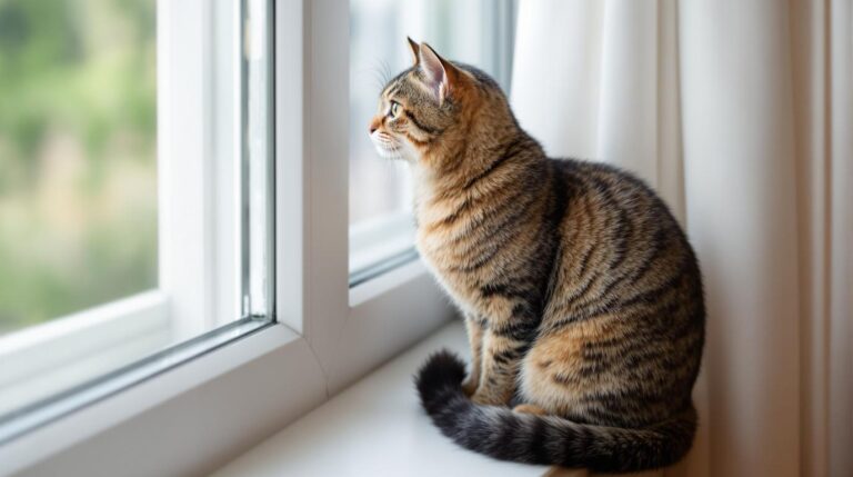 Cat sitting at window with alert body language looking outside showing typical window watching behavior that may lead to spraying