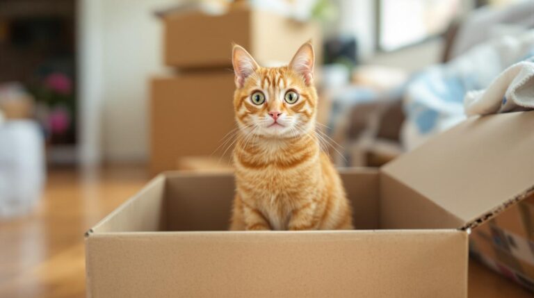 Orange tabby cat sitting anxiously in moving box surrounded by packing materials