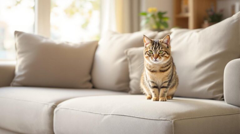 Concerned tabby cat standing near modern fabric couch in bright living room