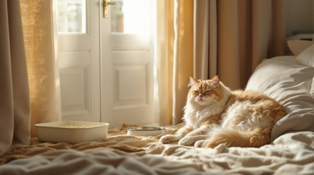 Fluffy Persian cat resting peacefully in quiet bedroom safe room with litter box food bowls and bedding during renovation