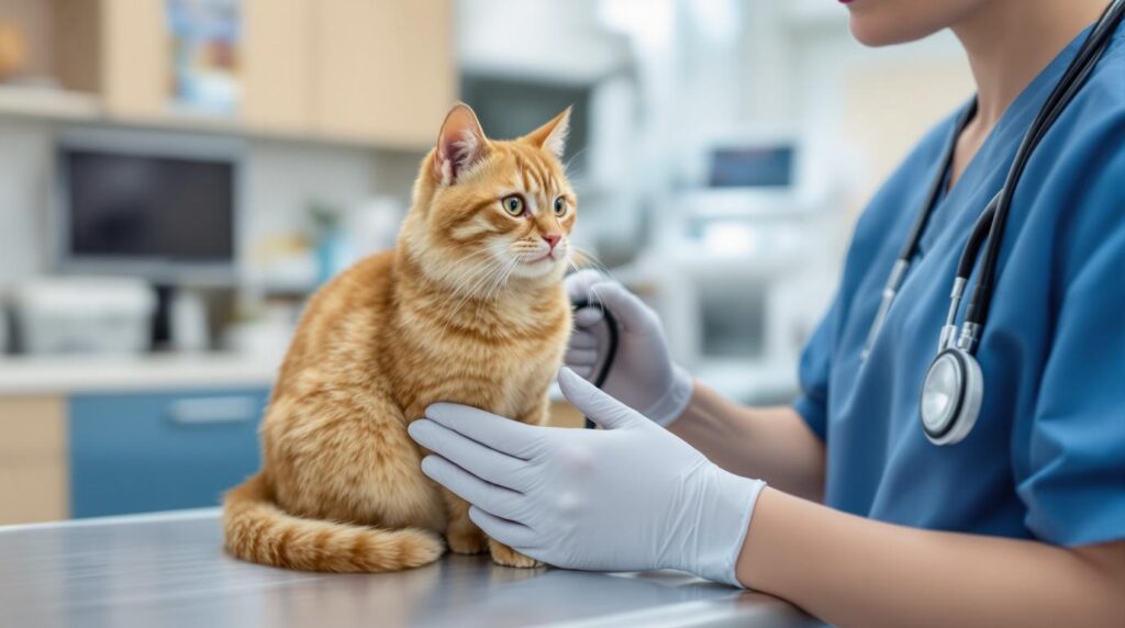 Gentle veterinarian examining cooperative ginger cat with stethoscope on examination table in modern veterinary clinic