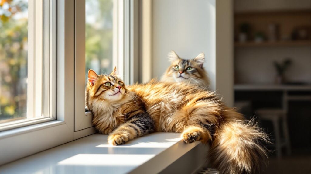 Happy confident Maine Coon cat lounging on window sill in sunlight completely relaxed after successfully adjusting to new home