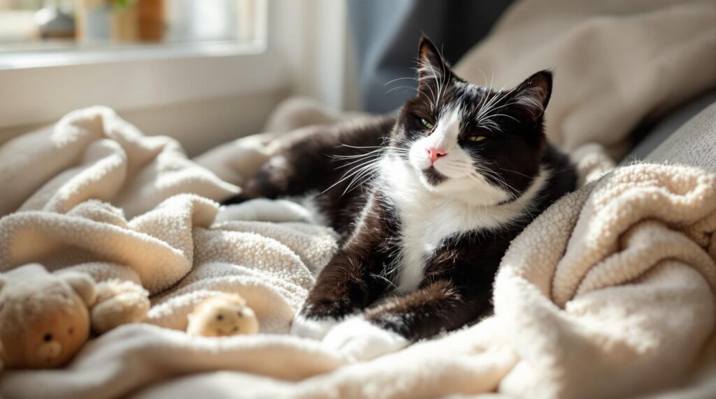 A relaxed tuxedo cat resting contentedly on a familiar blanket with toys nearby, demonstrating successful adjustment after home changes