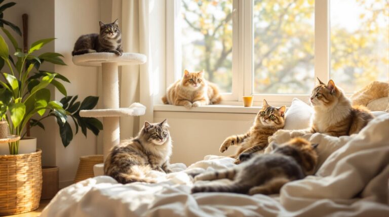 Multiple cats coexisting peacefully in modern living room with cat trees and perches showing successful multi-cat household harmony
