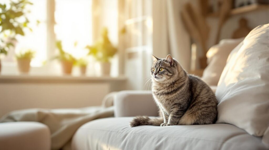 Relaxed gray tabby cat sitting calmly on comfortable couch in peaceful living room showing prevention through stress-free environment