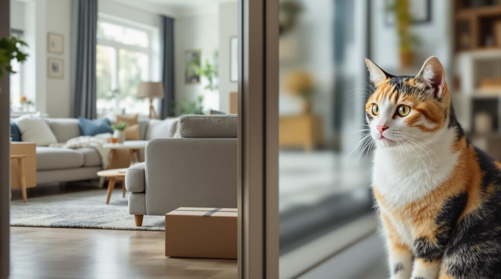 A watchful calico cat observing new furniture being introduced to the home, capturing the cautious response cats have to changes in their environment