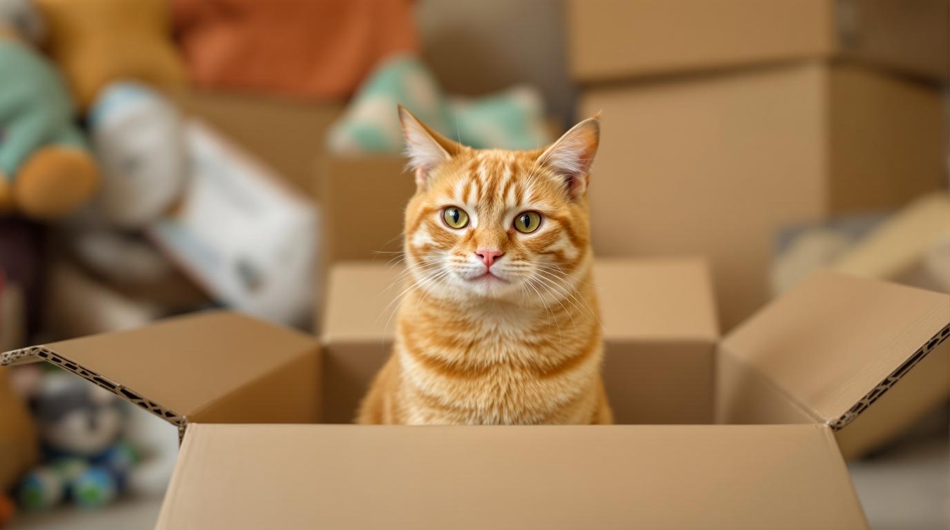Stressed orange tabby cat sitting in cardboard moving box surrounded by packing materials showing anxiety from home changes