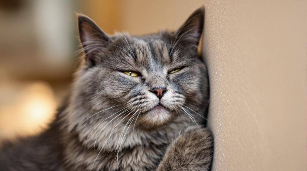 Close-up of a content gray cat exhibiting natural scent marking by rubbing its face against a wall, illustrating the territorial behavior that gets disrupted during home changes