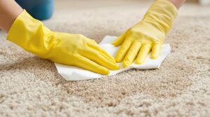 Hands in yellow cleaning gloves blotting fresh cat spray stain on beige carpet with white paper towels