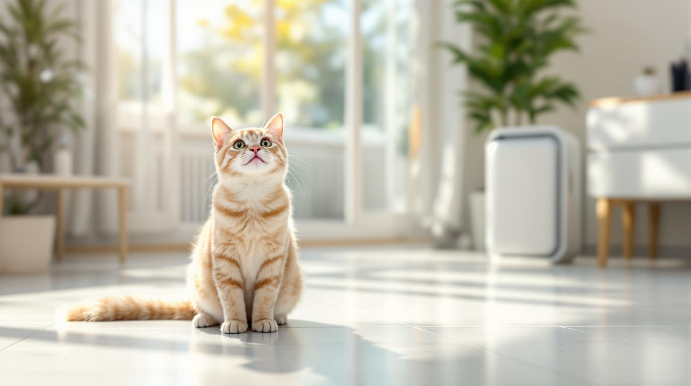 Clean, bright home interior with happy cat after successful cat spray odor elimination using enzymatic cleaners and air purification
