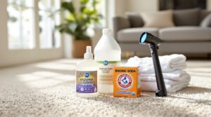 Carpet cleaning supplies for cat spray removal including enzyme cleaner bottle, white vinegar, baking soda, clean towels and UV blacklight flashlight on clean beige carpet in bright home