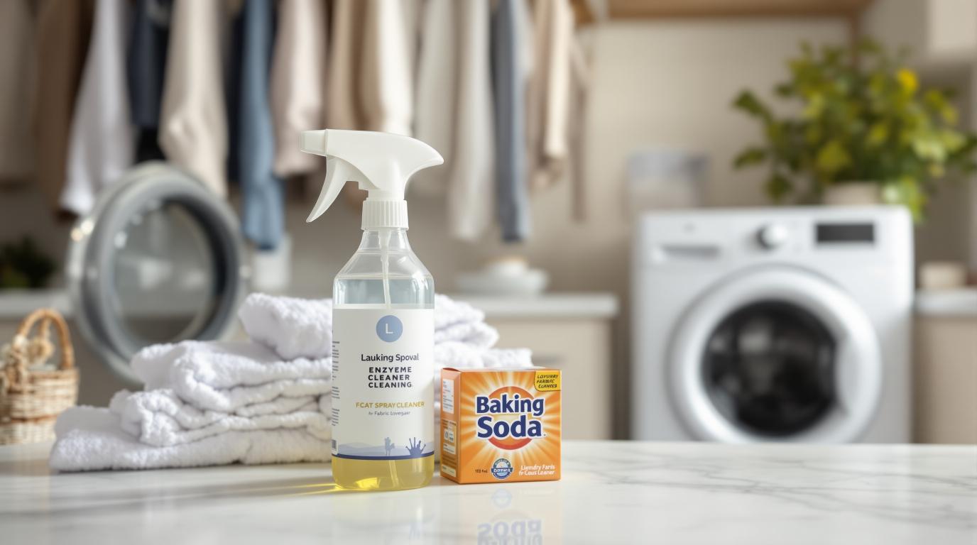 Fabric cleaning supplies including enzyme cleaner spray bottle, white vinegar, baking soda, and clean towels in bright laundry room for cat spray removal